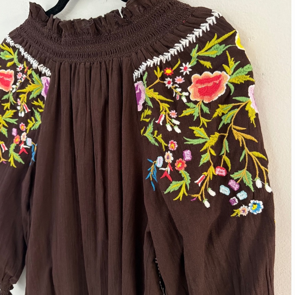 Sundance Brown Embroidered Floral Bird Peasant Blouse Boho Top PM Womens - Picture 4 of 11